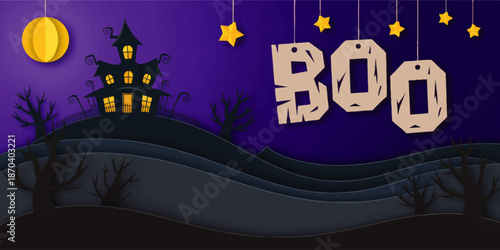 Spooky Halloween night landscape with haunted house, glowing moon, hanging stars and BOO text on dark purple sky illustration