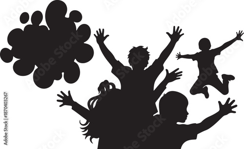 Silhouette of happy children jumping with balloons