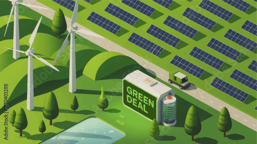 Green deal renewable energy landscape with wind turbines, solar panels, battery storage and eco transport in sustainable countryside