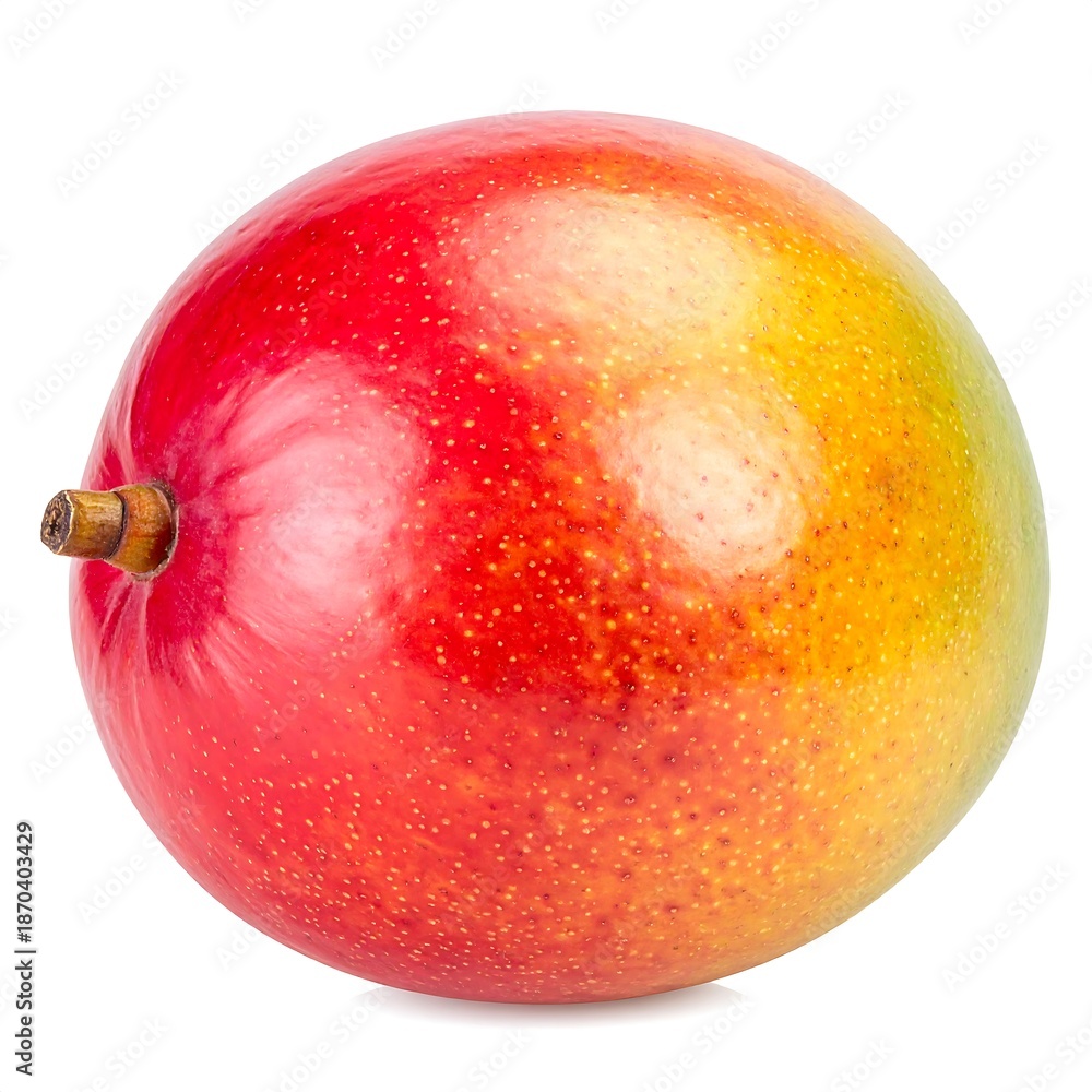Obraz premium Glossy, round mango, vibrant red and yellow, with a small stem, isolated on white