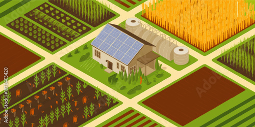 Sustainable smart farm with solar powered house, crop rotation fields and irrigation tanks in green eco agriculture landscape illustration