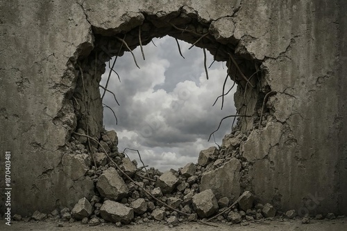 A large hole in the concrete wall revealed a cloudy sky, with debris and reinforcing steel scattered around.