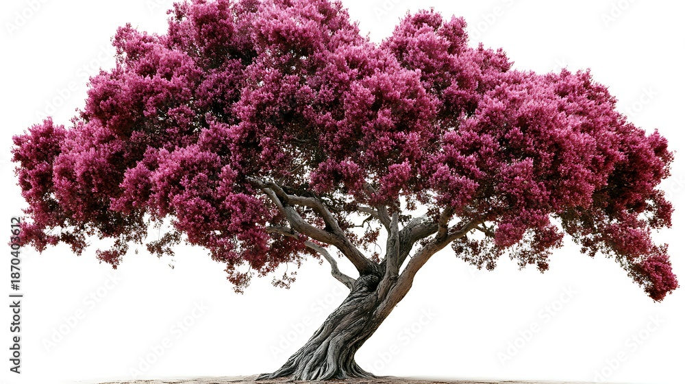 Obraz premium Vibrant Pink Flowering Tree Against Soft White Background in Nature Landscape View