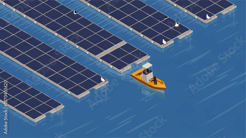 Floating solar panel farm on blue water with maintenance boat and sea birds, renewable energy illustration, clean power concept