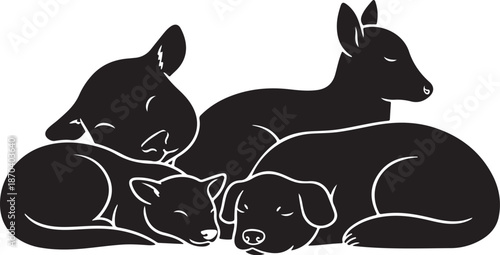 Family of animals sleeping together peacefully