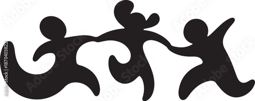 Silhouette of three people playing tug of war together