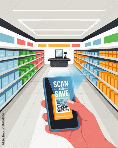 Mobile QR code coupon scanning in modern supermarket aisle, digital discount app for contactless shopping and customer loyalty savings
