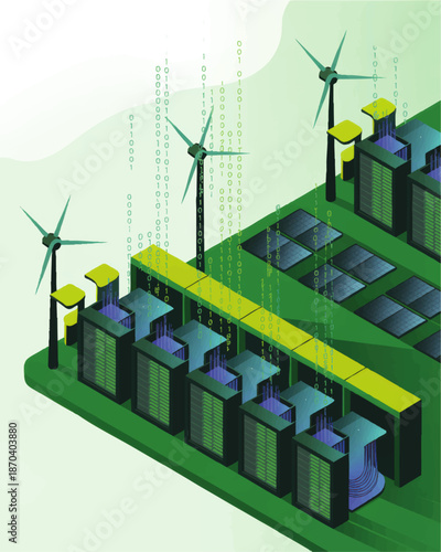 Green energy powered data center with wind turbines and solar panels, sustainable server farm and digital technology illustration