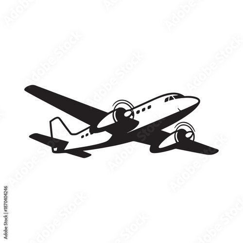 Vintage twin engine propeller airplane in black and white illustration