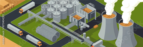 Isometric biomass power plant with wood chips, storage silos, conveyor belts and trucks for renewable green energy generation