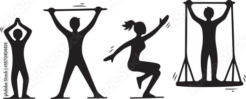 Silhouettes of people exercising in various fitness poses