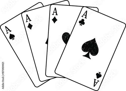 Four black jack playing cards, ace of spades, are depicted in a simple, elegant style.
Four ace playing cards in a hand-drawn style, angled slightly, displaying the black suits in a vintage design.
