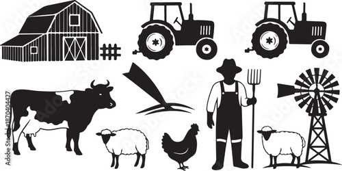 Farm Silhouettes with Tractor and Livestock Animals
