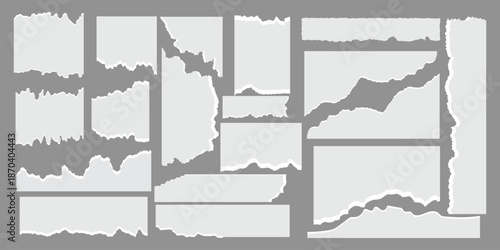 Collection of torn paper scraps and ripped edges, white sheets with rough, jagged borders on a muted background