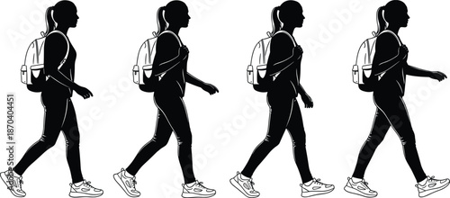 Woman walking with backpack silhouette vector set showing travel, school and outdoor lifestyle movement for fitness, journey and daily activity concepts.