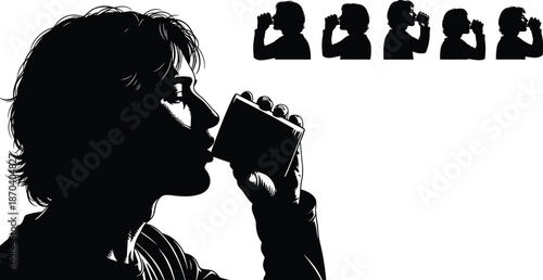 Woman drinking coffee silhouette vector set showing profile cup sipping gestures for cafe lifestyle, beverage concept and morning routine design.