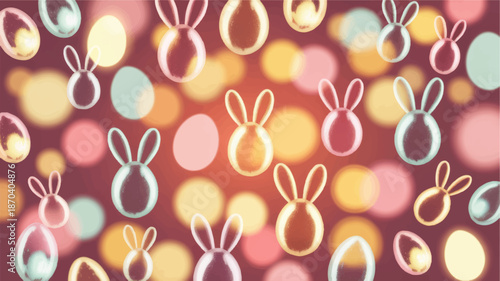 Colorful pastel Easter eggs and bunny silhouettes seamless pattern with glowing bokeh lights, festive spring holiday background