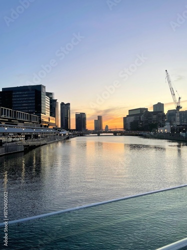 View of Yarra River from Seafarers Bridge at sunset. Melbourne, Victoria, Australia.