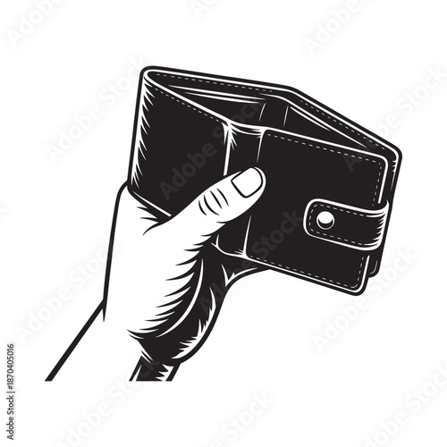 A hand holding open a black leather wallet detailed engraving style