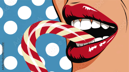 Pop art red lips licking candy cane on blue polka dot background, sexy mouth illustration for Christmas, sweets and retro design