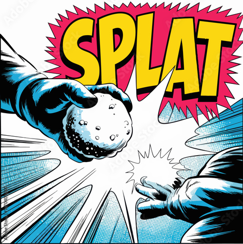 Retro comic snowball fight SPLAT pop art illustration with bold gloves, dynamic action lines and vibrant winter humor design