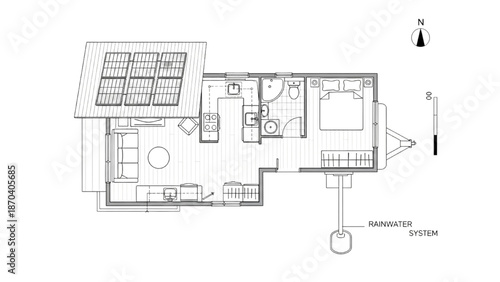 High-Quality Black Continuous Line Art of Eco Tiny Home Floor Plan with Solar Panels and Rainwater System, Top View