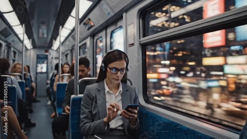 Commuters on a train at night, looking out the window and using phones.