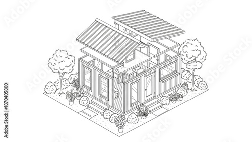 High-Quality Black Continuous Line Art of Exploded Isometric Tiny Home Showing Modular Wall Panels and Roof Assembly