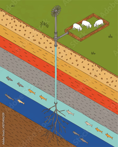 Surreal farm water system illustration with grazing sheep, underground layers, pipeline roots and colorful fish river