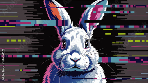 Futuristic cyberpunk rabbit illustration with glitch effect, neon vaporwave colors and digital distortion on dark background