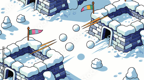 Winter snowball fight between cartoon snow forts, playful icy battlefield with colorful flags, fun seasonal game illustration