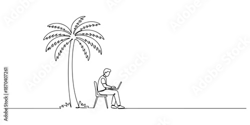 Continuous one line of a person working outdoors under a palm tree, combining nature and productivity, drawn vector illustration.