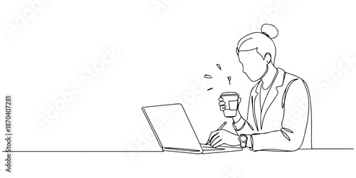 Continuous one line of a digital nomad jotting down ideas with a laptop and coffee, symbolizing creativity and inspiration, drawn vector illustration.