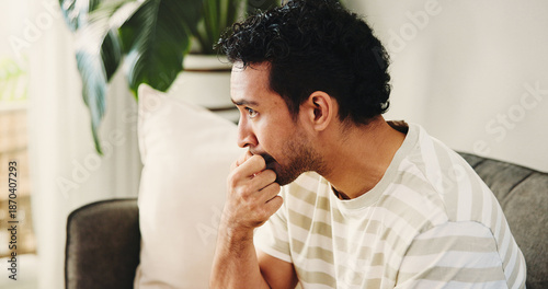 Cuadro en lienzo House, biting nails and man on sofa, nervous and stress with mental health, thinking and bad habit
