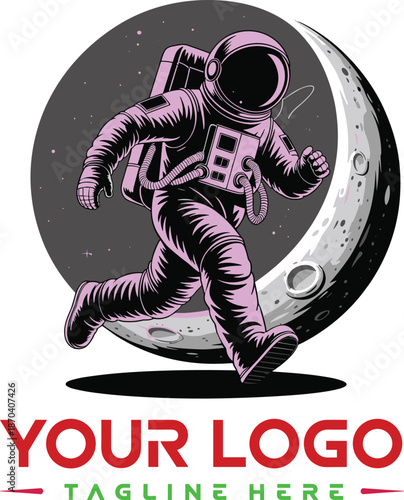 Black and white astronaut running logo illustration, space explorer moon background, vintage vector emblem for branding, tshirts, posters, stickers, design