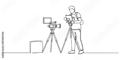 Continuous one line of a digital nomad setting up video equipment for content creation, representing digital creativity and entrepreneurship, drawn vector illustration.