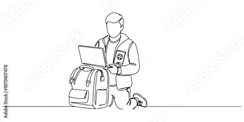 Continuous one line of a digital nomad packing travel gear with laptop and passport, representing freedom and preparedness, drawn vector illustration.