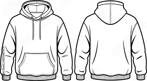 Fashion technical sketch of a fitted zip-up hooded jacket with welt pockets, back yoke detail, and ribbed hemline sleeve cuffs.