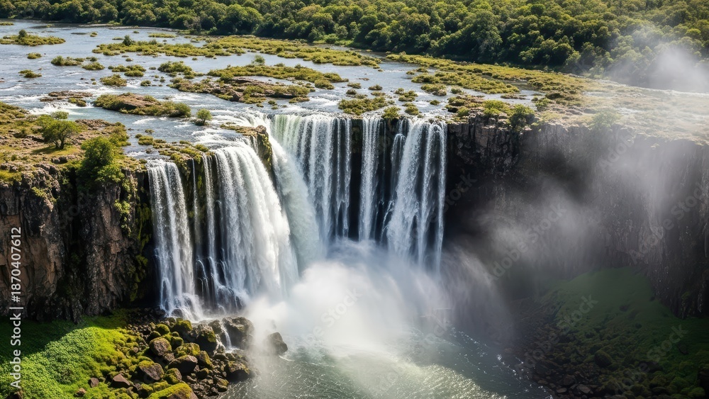Fototapeta premium Majestic waterfall cascading over cliffs with lush greenery and misty spray in a scenic natural landscape