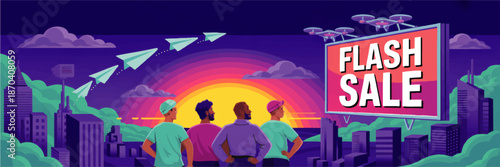 Colorful flash sale billboard in modern city skyline with diverse people, drones and paper planes at sunset, digital marketing banner