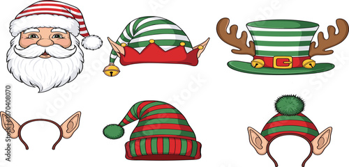 Christmas Holiday Headwear Collection Featuring Santa Claus Mask Elf Hats Reindeer Antlers and Festive Winter Beanies for Party Photo Booth Props