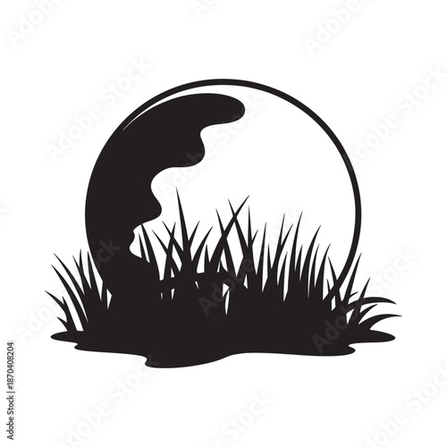 Silhouette of a jumping fish within a circular frame and grassy foreground
