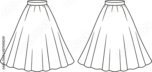 Fashion technical sketch of a high-waisted flared A-line skirt featuring a narrow waistband, gentle pleats, and a voluminous hemline silhouette.