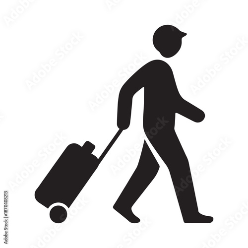 A simple black silhouette of a person walking with a rolling suitcase