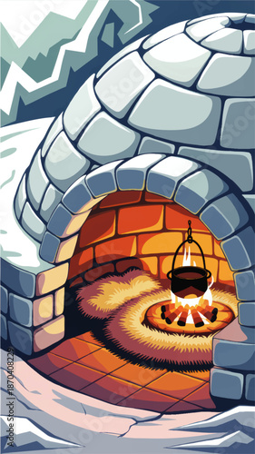 Cozy winter igloo interior with warm fire, hanging pot and fur rugs in snowy arctic landscape, cartoon vector illustration