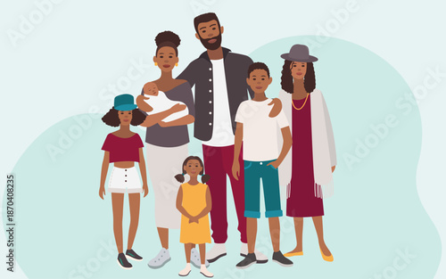 Large African Family Portrait with Parents and Five Children – Colourful Flat Illustration