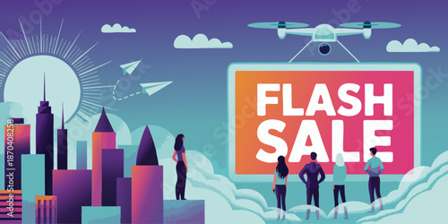 Modern flash sale banner with drone billboard over city skyline, diverse shoppers, gradient sunset sky, digital marketing concept