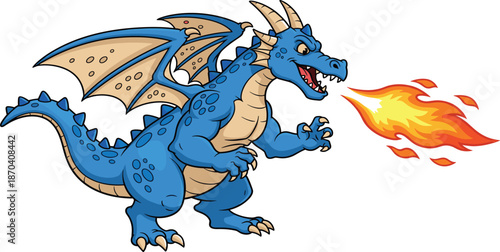 Powerful Blue Dragon Mascot Character Breathing Fire, Large Mythical Creature Illustration with Wings and Claws for Fantasy and Game Design