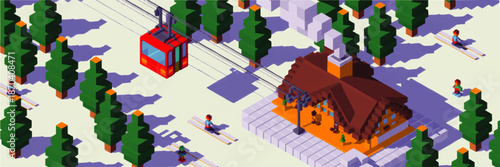 Isometric winter ski resort illustration with cable car, chalet lodge, skiers and pine forest in snowy mountain landscape