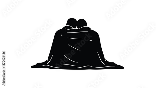 Two figures huddled closely under a dark blanket, sharing a moment of intimacy and warmth